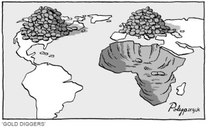 Manchester, UK-based cartoonist P.J. Polyp's "Gold Diggers" illustrates the concept of primitive accumulation nicely.